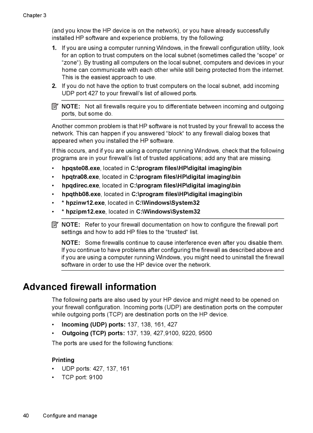 HP 7000 manual Advanced firewall information, Incoming UDP ports 137, 138, 161, Printing 