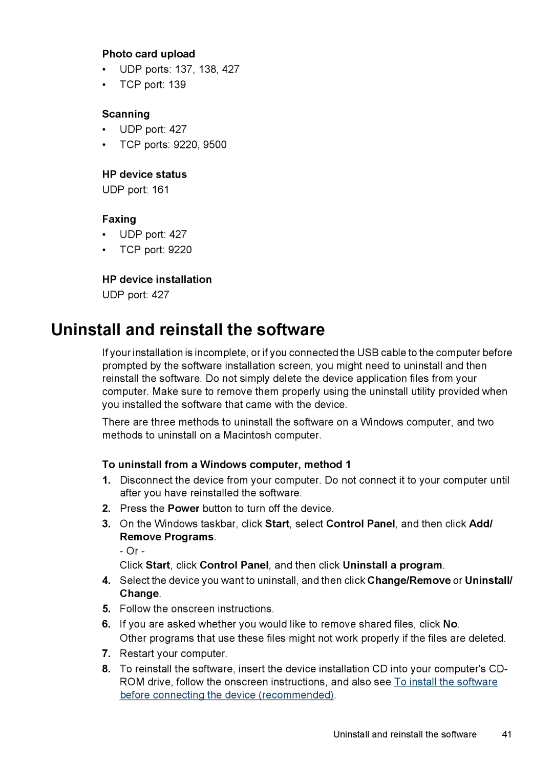 HP 7000 manual Uninstall and reinstall the software 