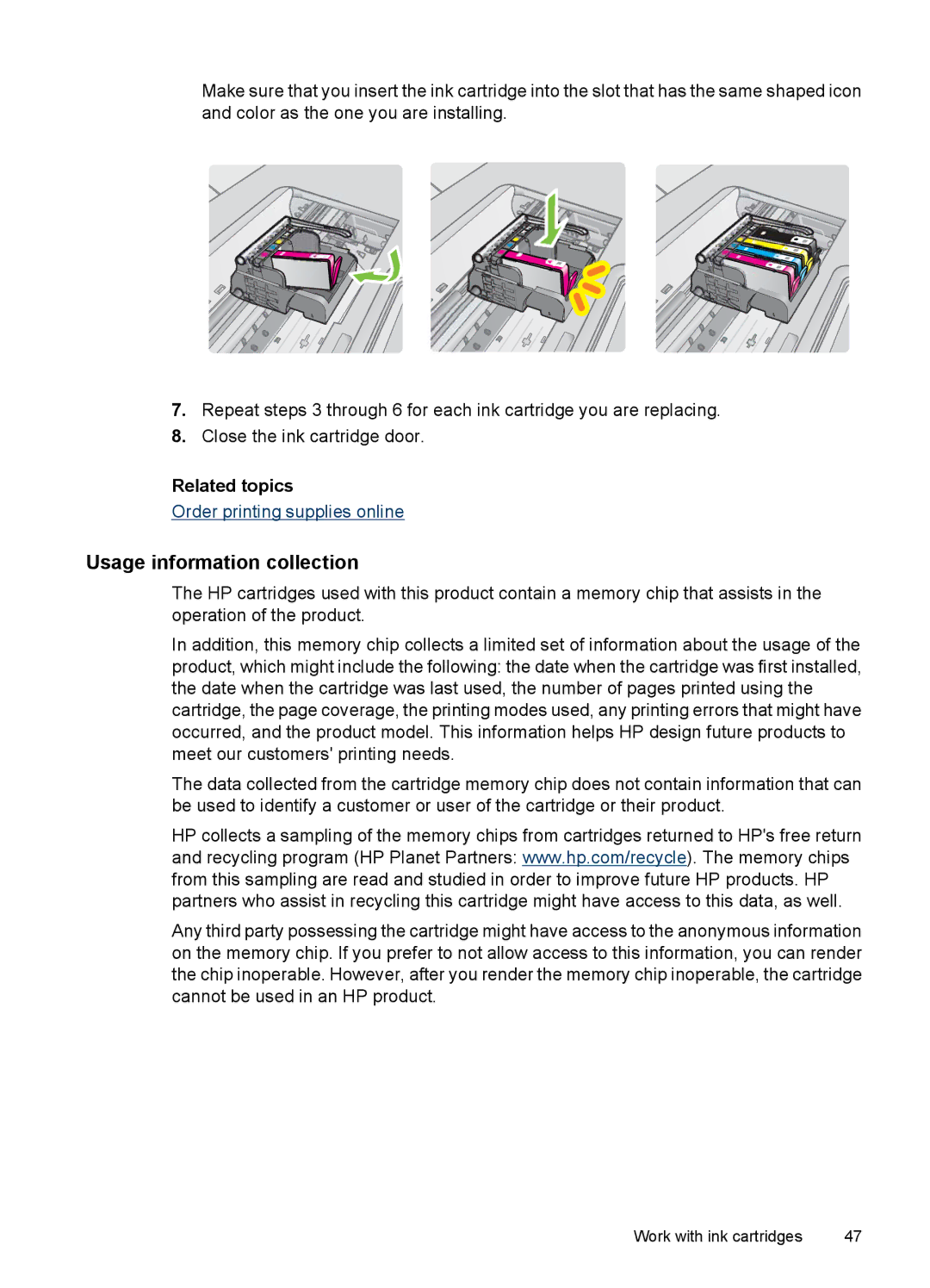 HP 7000 manual Usage information collection, Related topics 