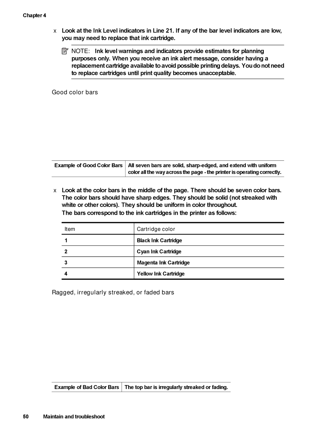 HP 7000 manual Good color bars, Ragged, irregularly streaked, or faded bars 