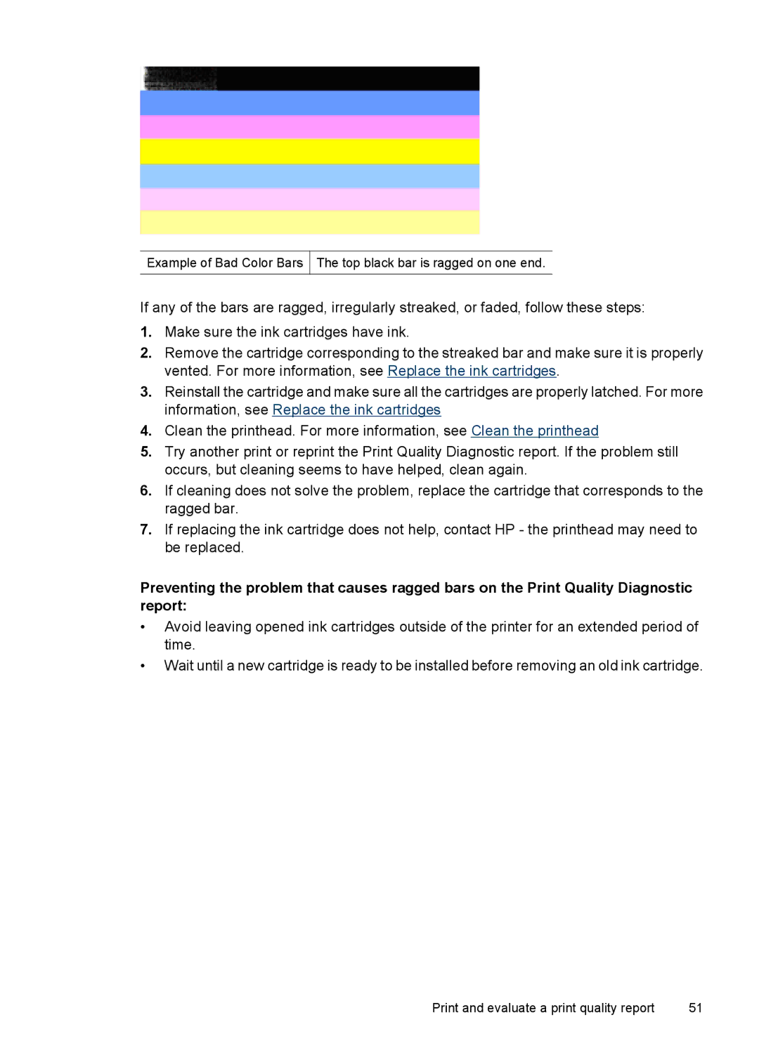 HP 7000 manual Example of Bad Color Bars Top black bar is ragged on one end 