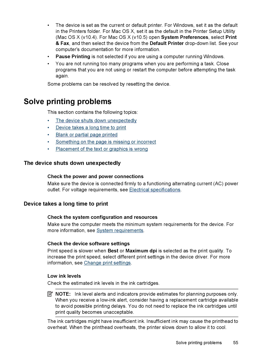 HP 7000 manual Solve printing problems, Device shuts down unexpectedly, Device takes a long time to print 