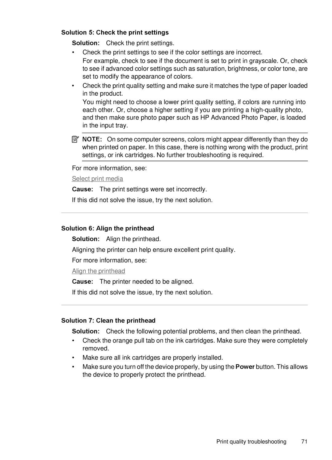 HP 7000 manual Solution 5 Check the print settings, Solution 6 Align the printhead, Solution 7 Clean the printhead 