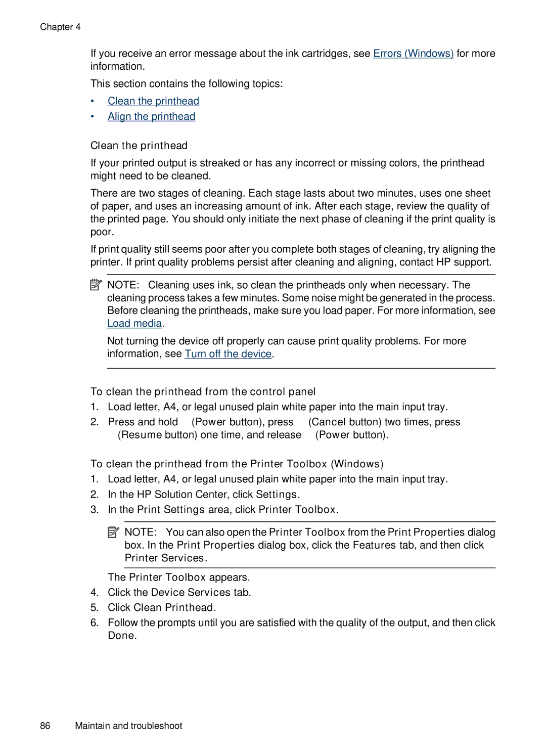 HP 7000 manual To clean the printhead from the control panel, To clean the printhead from the Printer Toolbox Windows 