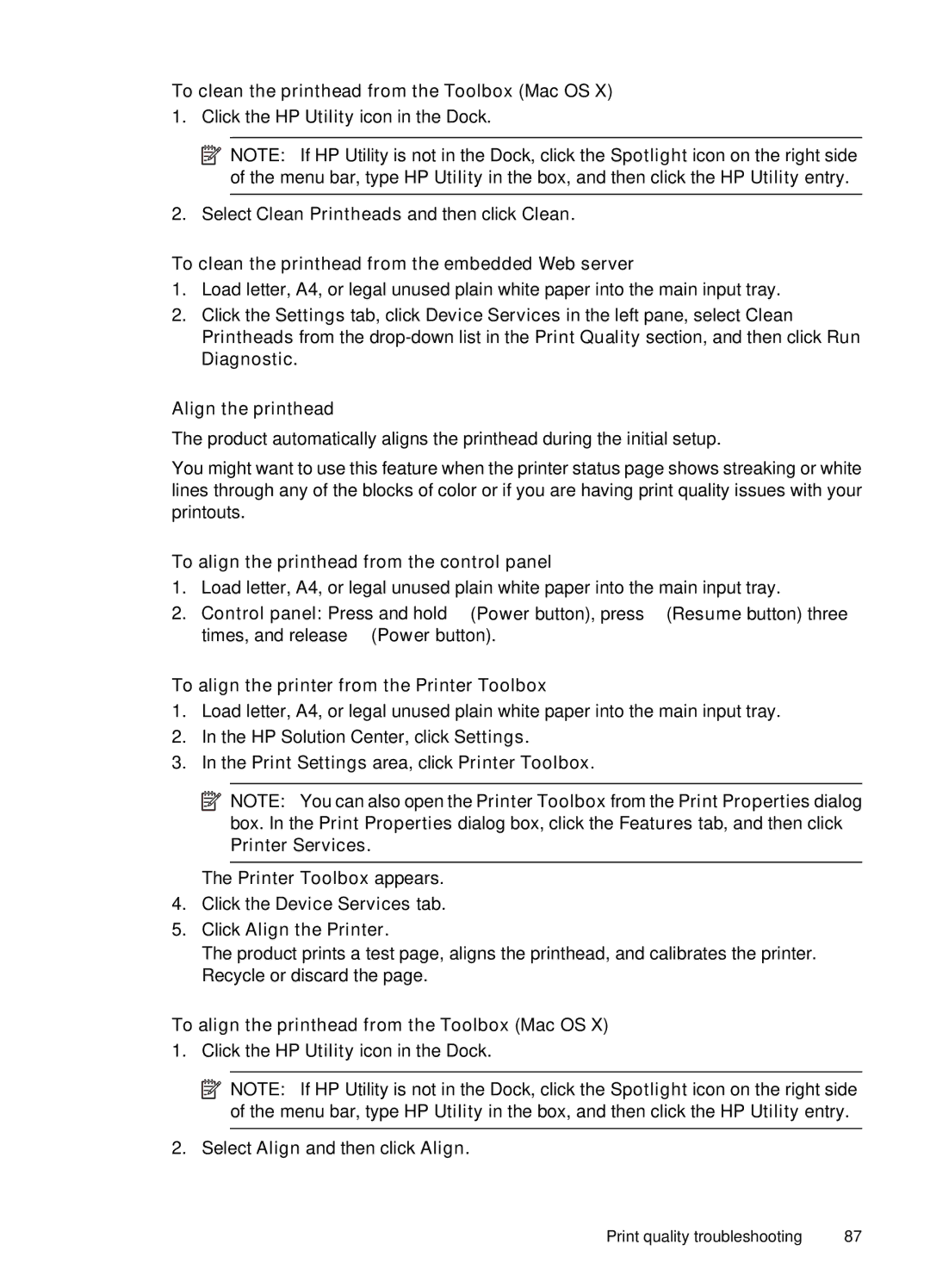 HP 7000 manual To clean the printhead from the Toolbox Mac OS, To clean the printhead from the embedded Web server 