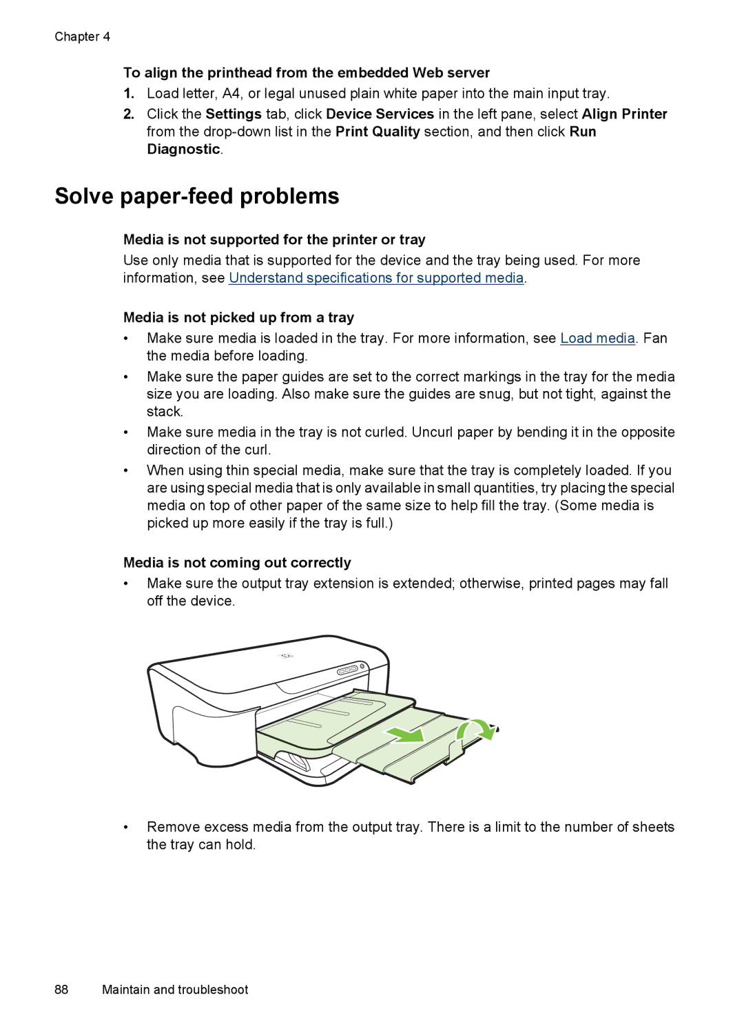 HP 7000 Solve paper-feed problems, To align the printhead from the embedded Web server, Media is not picked up from a tray 