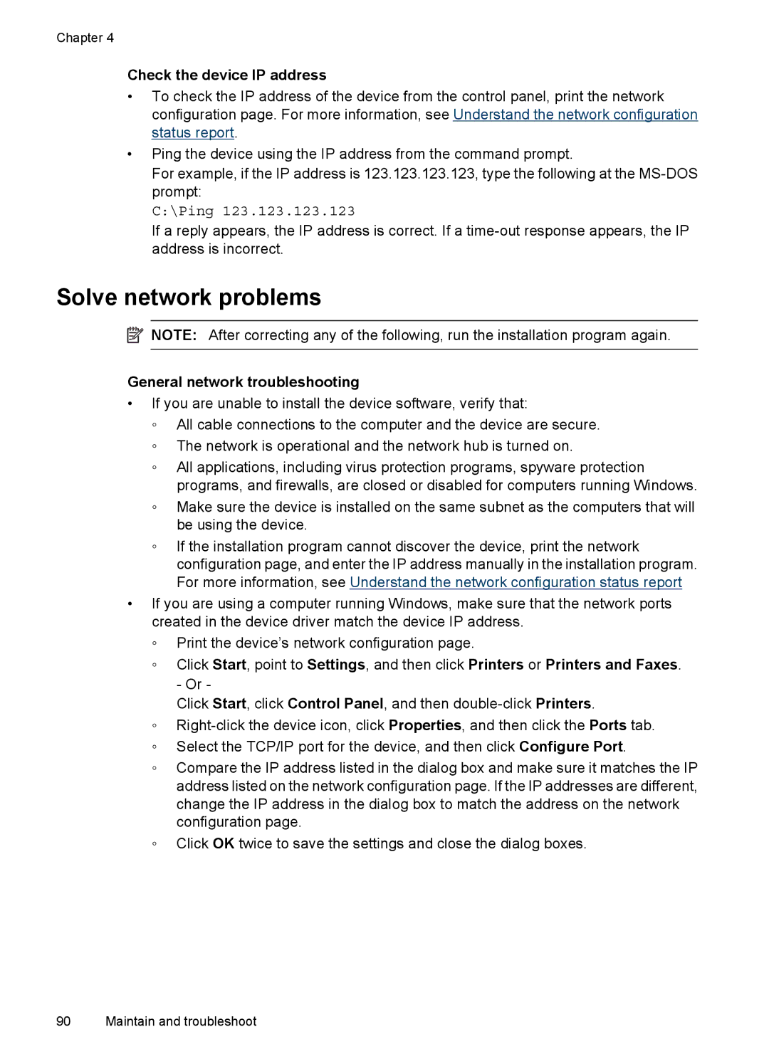 HP 7000 manual Solve network problems, Check the device IP address, General network troubleshooting 