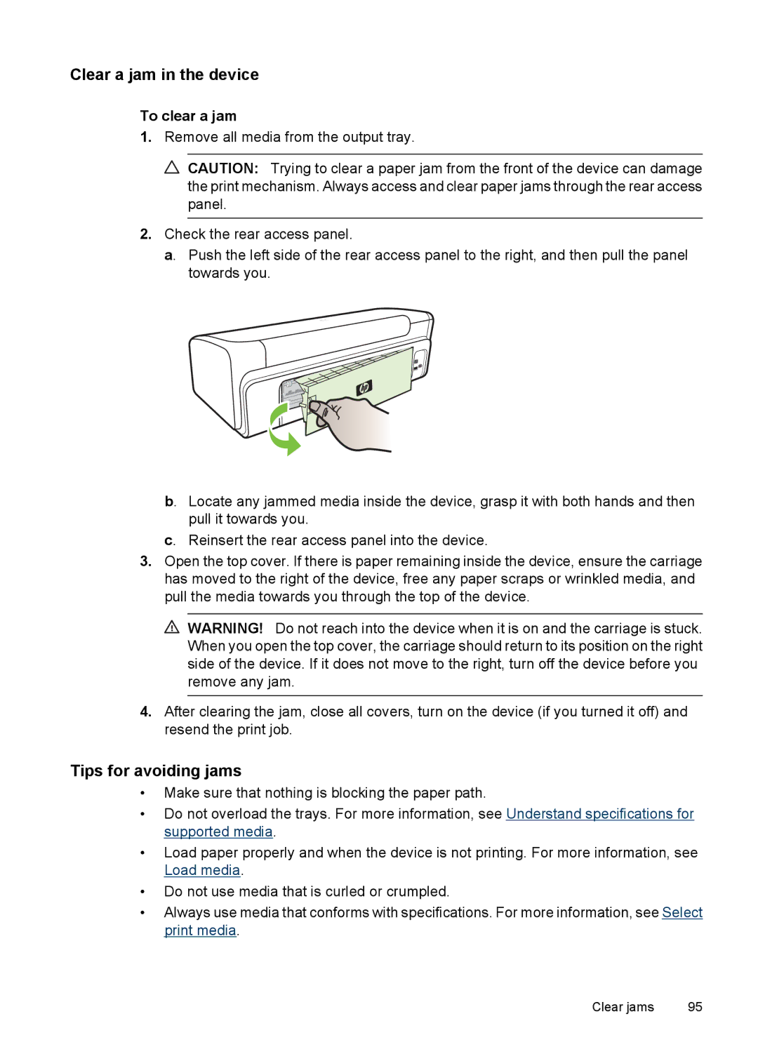 HP 7000 manual Clear a jam in the device, Tips for avoiding jams, To clear a jam 