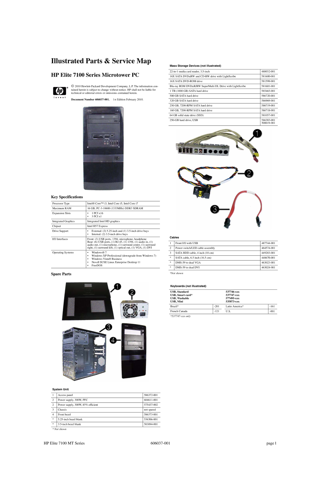 HP 7000 manual Key Specifications, Spare Parts 