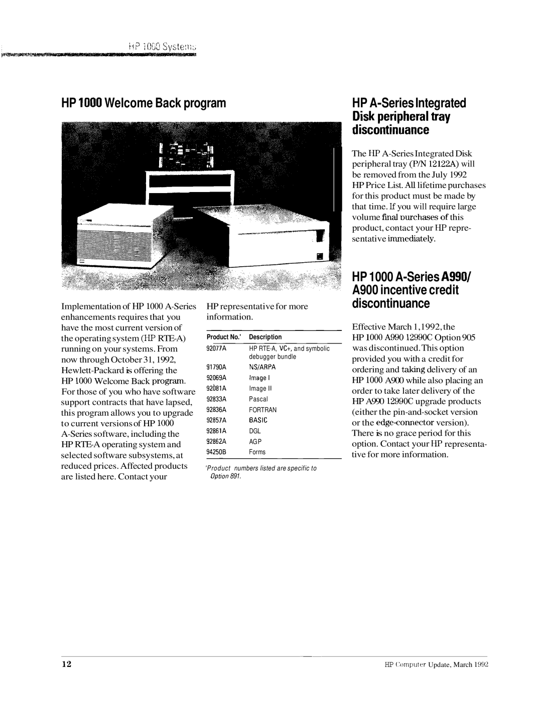 HP 700196, 700198 manual HP 1000 Welcome Back program, HP 1000 A-Series A9901 A900 incentive credit discontinuance 