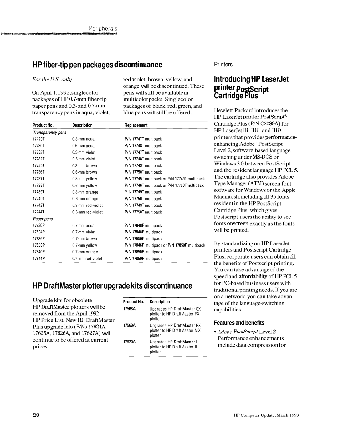 HP 700196 HP fiber-tip pen packages discontinua~ice, Introducing HP LaserJet Postscript Cartridge Plus, For the U.S. only 