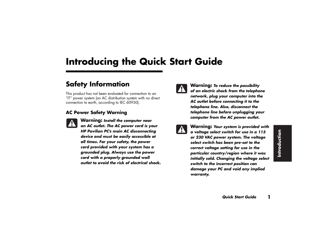 HP 513a (AP), 703k (AP), 743a (AP), 753k (AP) Introducing the Quick Start Guide, Safety Information, AC Power Safety Warning 