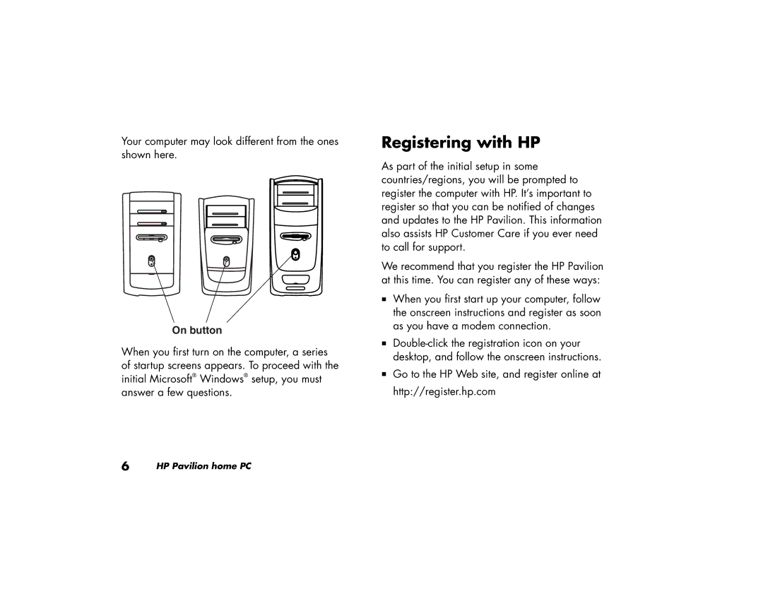 HP 522a (AP), 703k (AP), 743a (AP), 753k (AP), 753d (AP), 503k (AP), 503a (AP), 513d (AP) manual Registering with HP, On button 