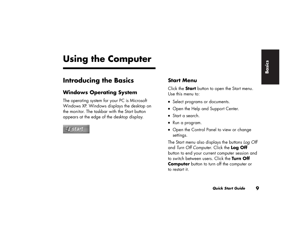 HP 513d (AP), 703k (AP), 743a (AP) manual Using the Computer, Introducing the Basics, Windows Operating System, Start Menu 