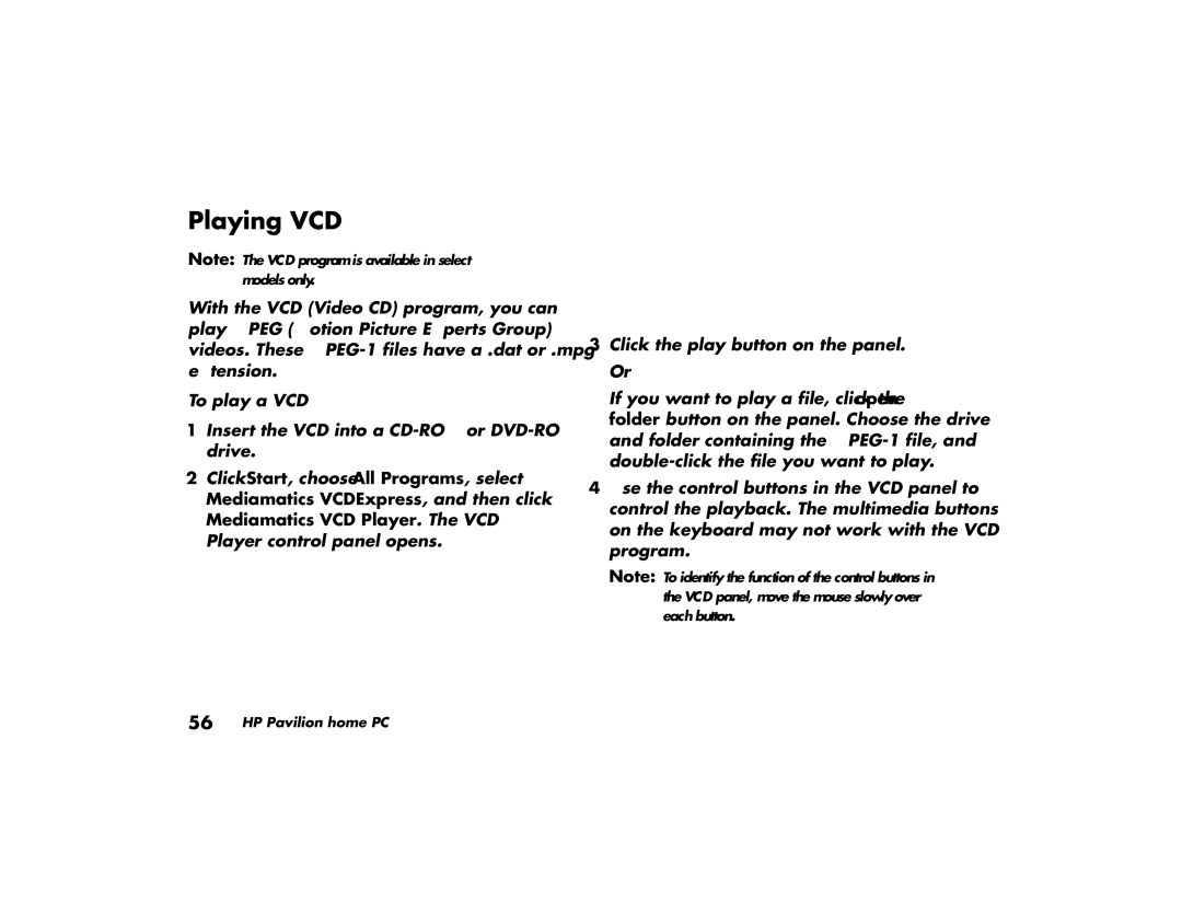 HP 703k (AP), 743a (AP), 753k (AP), 753d (AP), 522a (AP), 503k (AP), 503a (AP), 513d (AP), 513a (AP) manual Playing VCD 