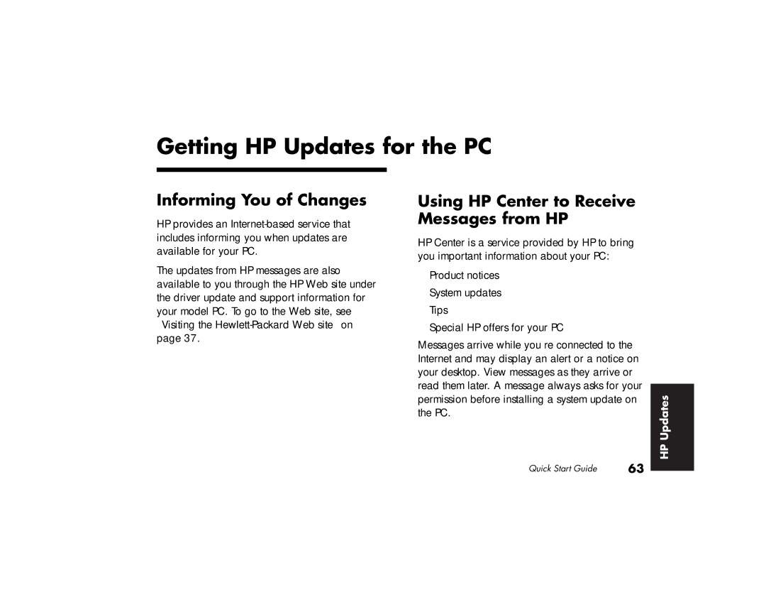 HP 513d (AP) manual Getting HP Updates for the PC, Informing You of Changes, Using HP Center to Receive Messages from HP 