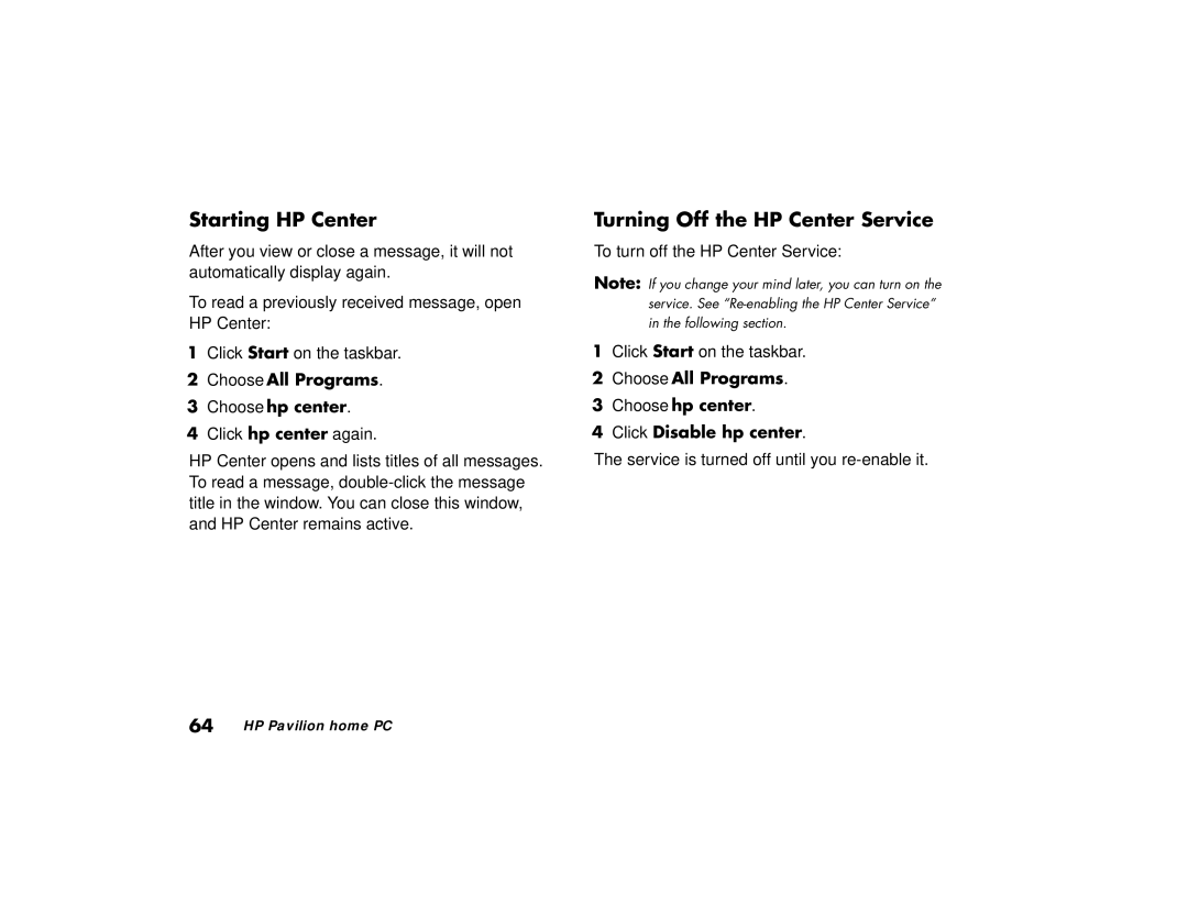 HP 513a (AP), 703k (AP) manual Starting HP Center, Turning Off the HP Center Service, Choose All Programs Choose hp center 