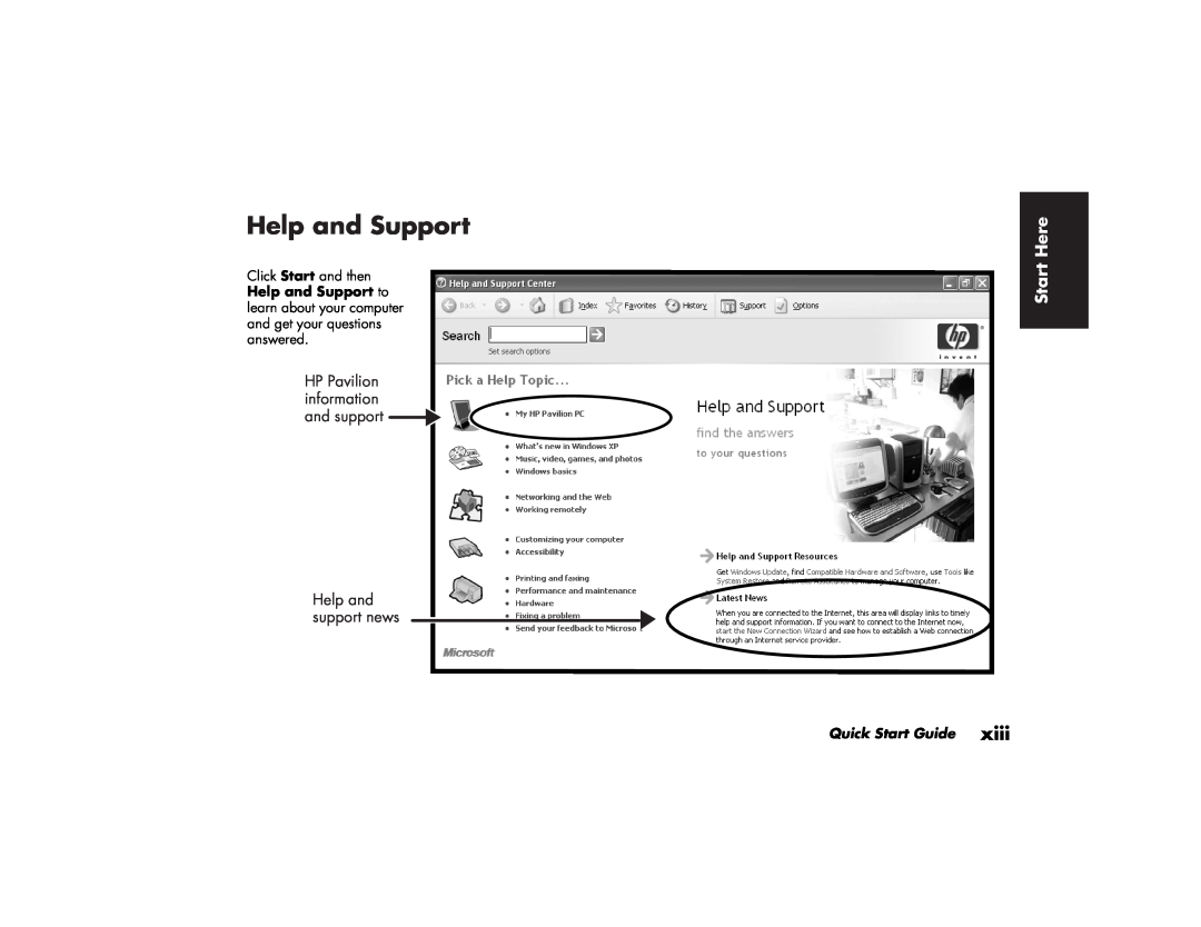 HP 503k (AP) Help and Support, Start Here, HP Pavilion information and support Help and support news, Quick Start Guide 