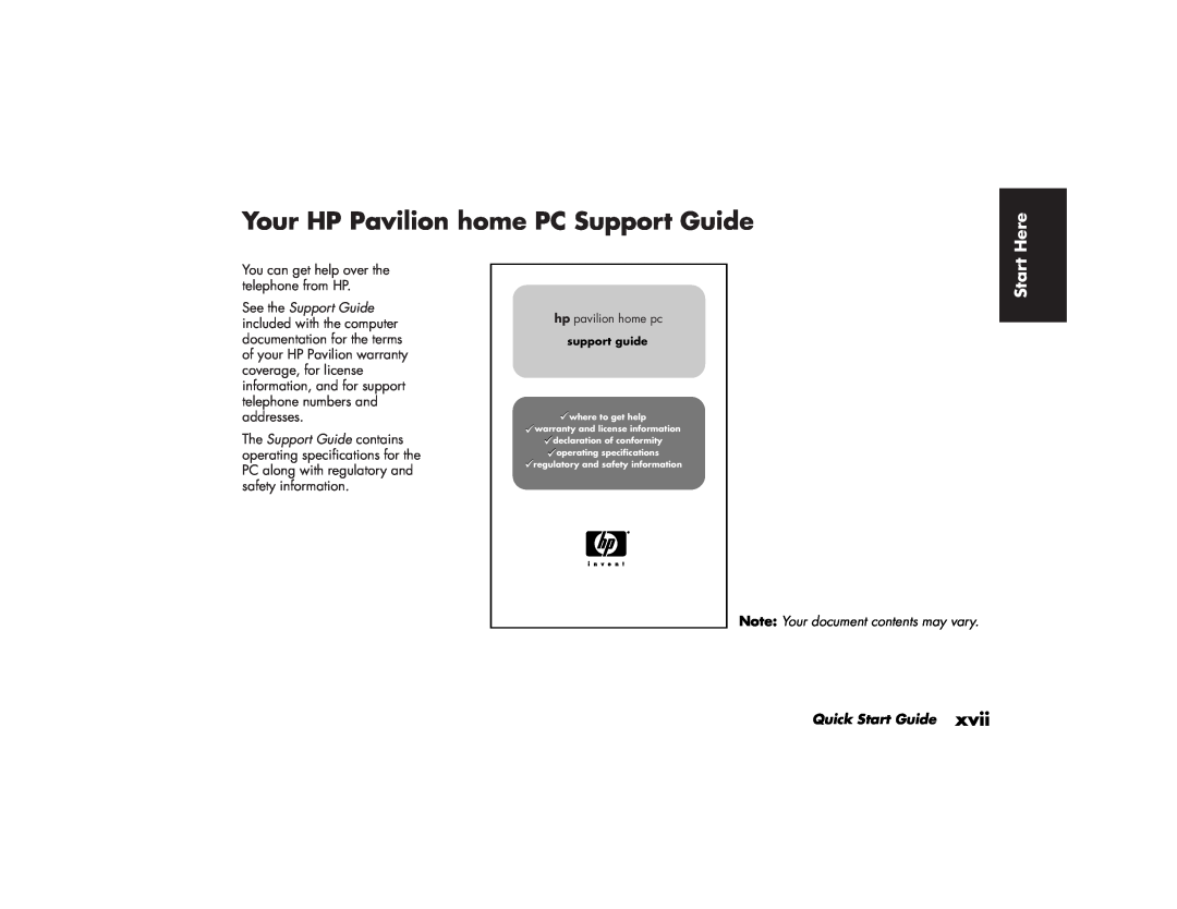 HP 703k (AP) Your HP Pavilion home PC Support Guide, Here, Note Your document contents may vary, Quick Start Guide 
