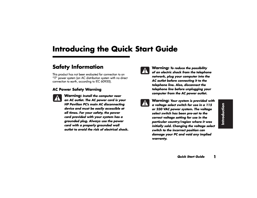 HP 513a (AP), 703k (AP), 743a (AP) Introducing the Quick Start Guide, Safety Information, AC Power Safety Warning, warranty 