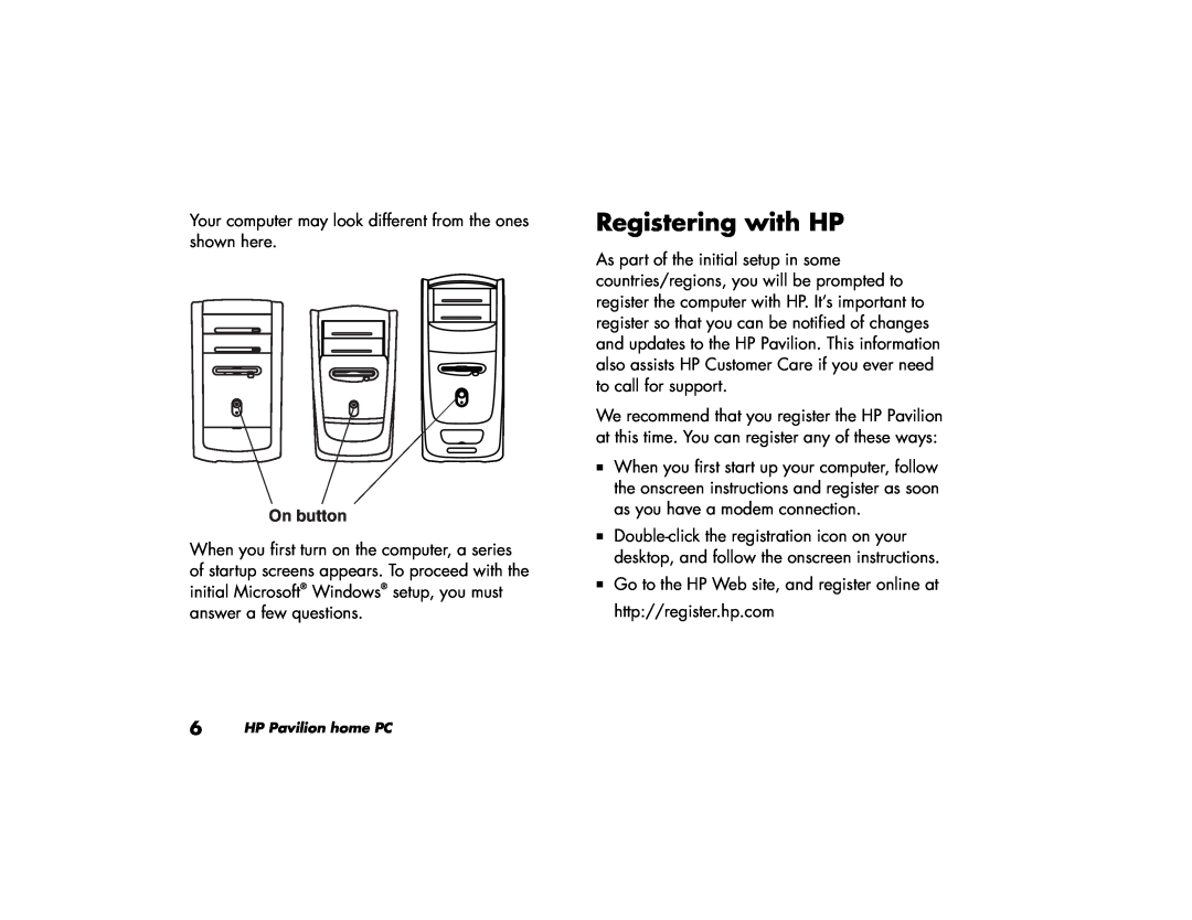 HP 522a (AP), 703k (AP), 743a (AP), 753k (AP), 753d (AP), 503k (AP), 503a (AP), 513d (AP) manual Registering with HP, On button 