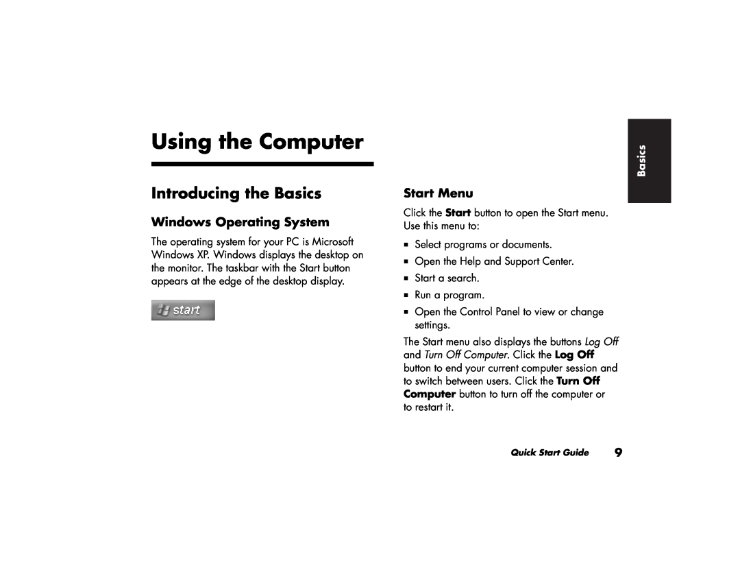 HP 513d (AP), 703k (AP), 743a (AP) manual Using the Computer, Introducing the Basics, Windows Operating System, Start Menu 