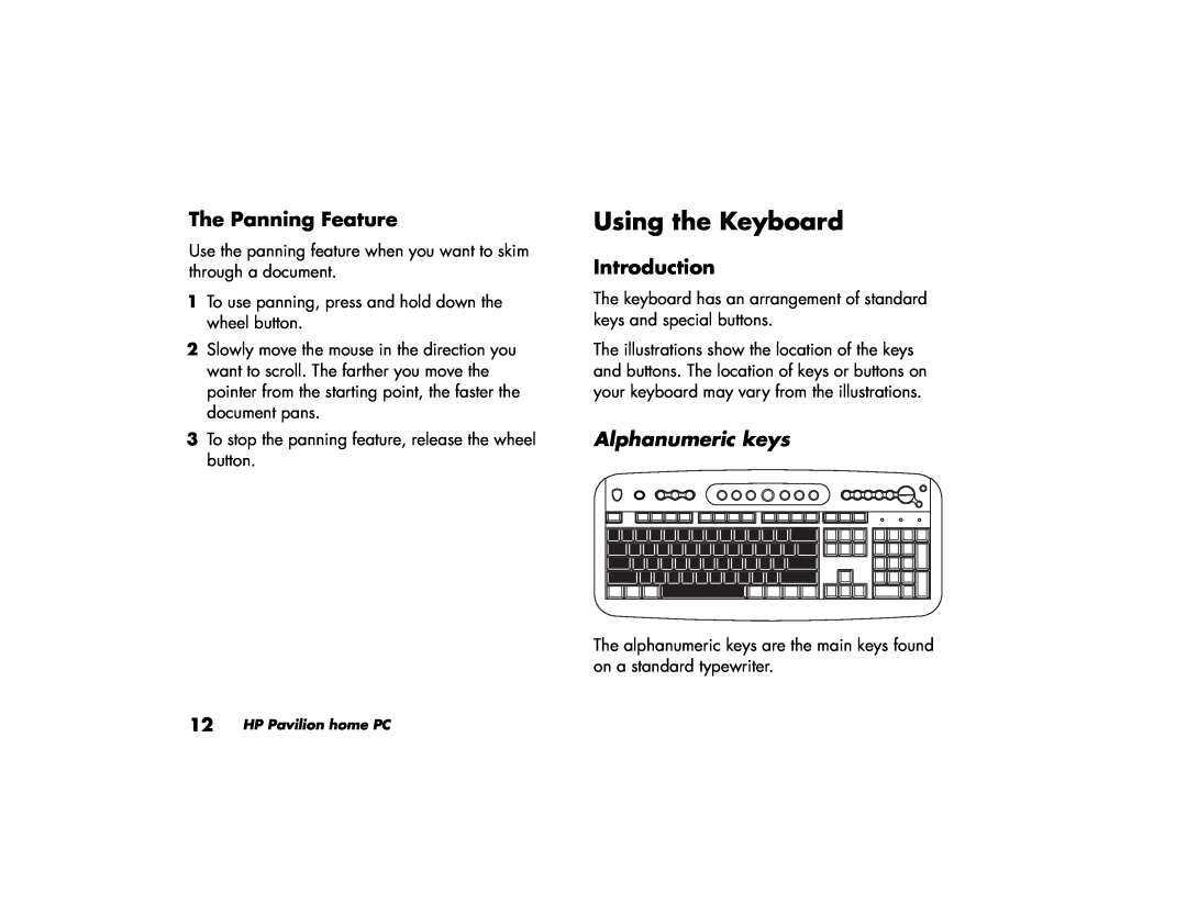 HP 743a (AP), 703k (AP), 753k (AP), 753d (AP) manual Using the Keyboard, The Panning Feature, Introduction, Alphanumeric keys 