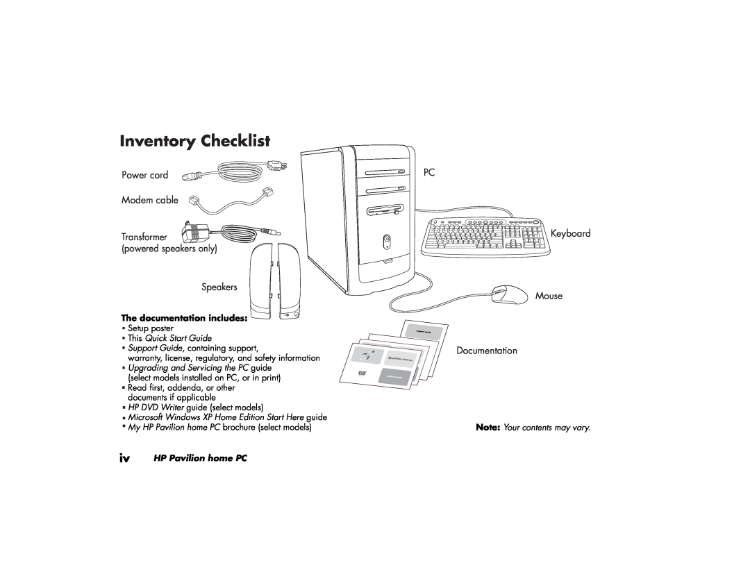 HP 503k (AP), 703k (AP) manual Inventory Checklist, The documentation includes, This Quick Start Guide, HP Pavilion home PC 