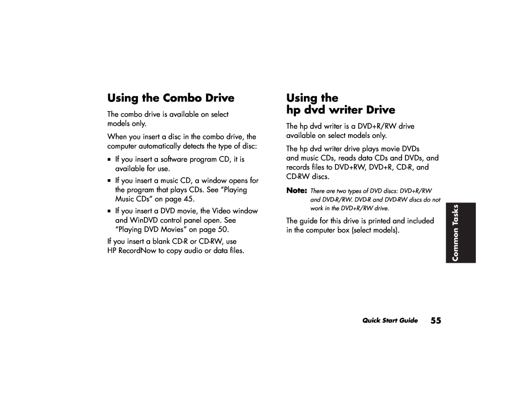 HP 513a (AP) manual Using the Combo Drive, Using the hp dvd writer Drive, The guide for this drive is printed and included 