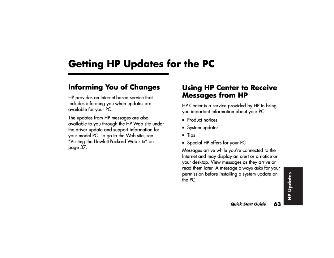 HP 513d (AP) manual Getting HP Updates for the PC, Informing You of Changes, Using HP Center to Receive Messages from HP 