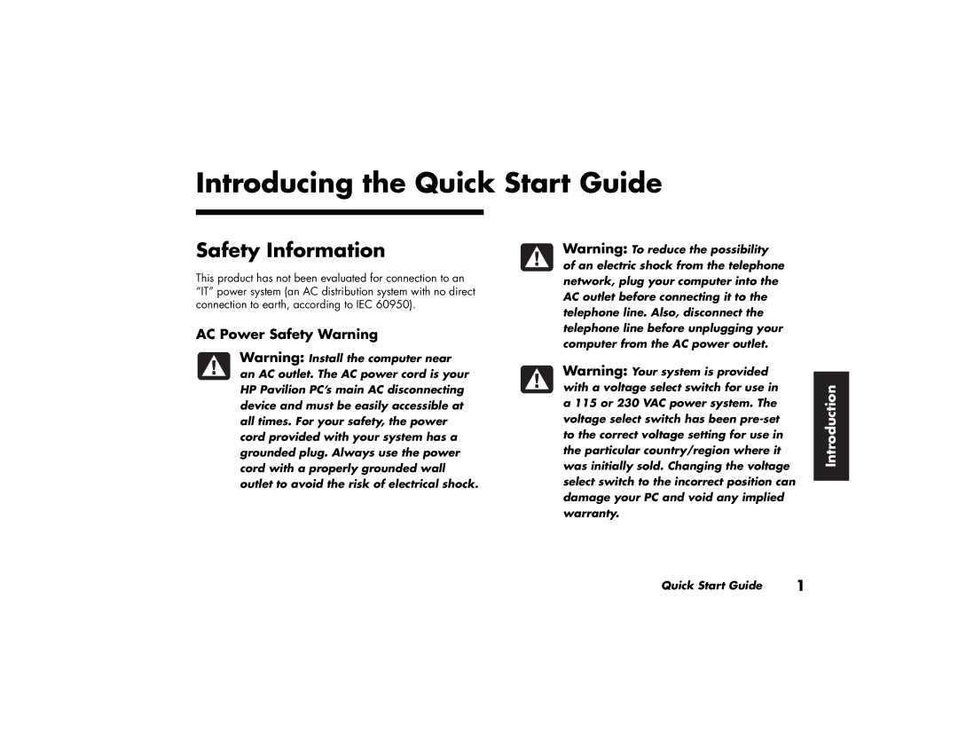 HP 704d (AP), 734d (AP), 544a (AP), 564a (AP) Introducing the Quick Start Guide, Safety Information, AC Power Safety Warning 