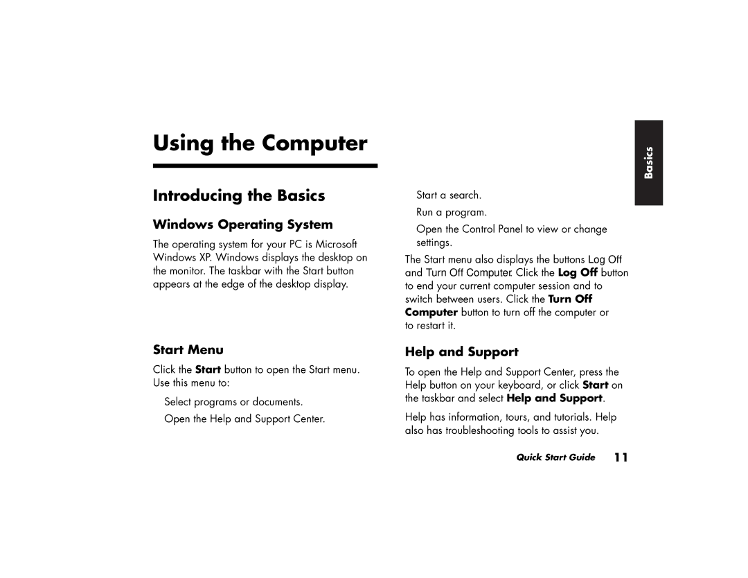 HP 734d (AP), 704d (AP) Using the Computer, Introducing the Basics, Windows Operating System, Start Menu, Help and Support 