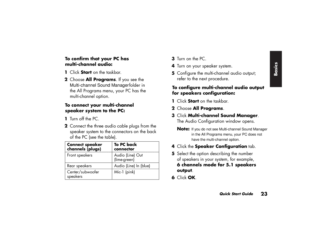 HP 744d (AP) manual To confirm that your PC has multi-channel audio, To connect your multi-channel speaker system to the PC 