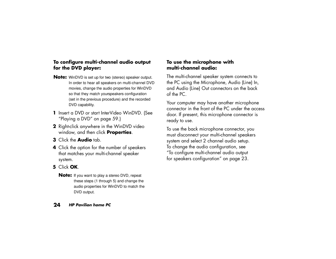 HP 754d (AP) To configure multi-channel audio output for the DVD player, To use the microphone with multi-channel audio 