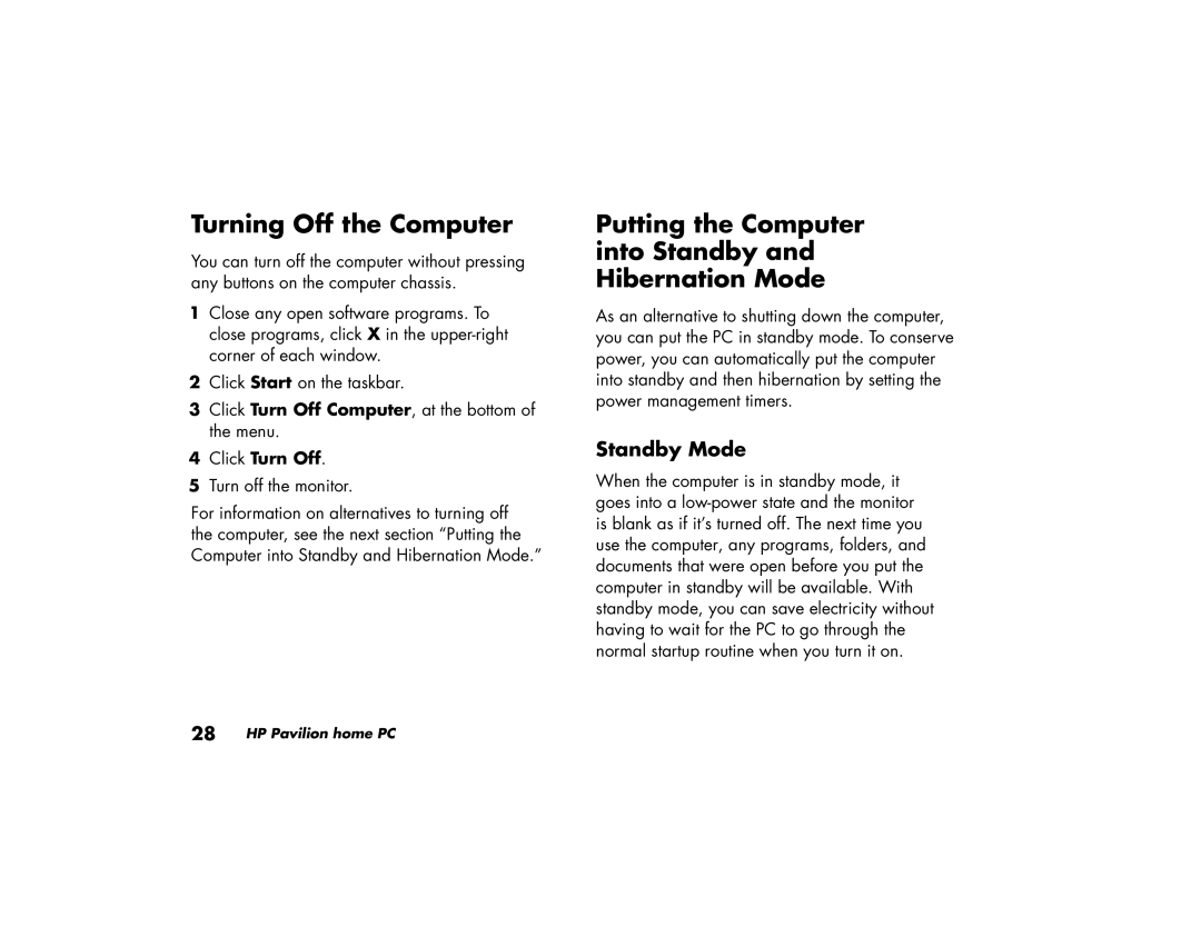 HP 704d (AP), 734d (AP) Turning Off the Computer, Putting the Computer into Standby and Hibernation Mode, Standby Mode 