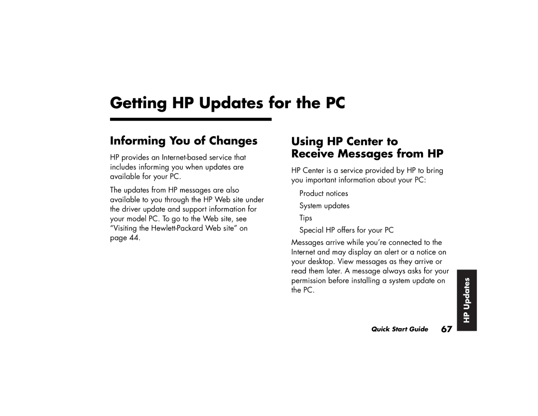 HP 564a (AP) manual Getting HP Updates for the PC, Informing You of Changes, Using HP Center to Receive Messages from HP 