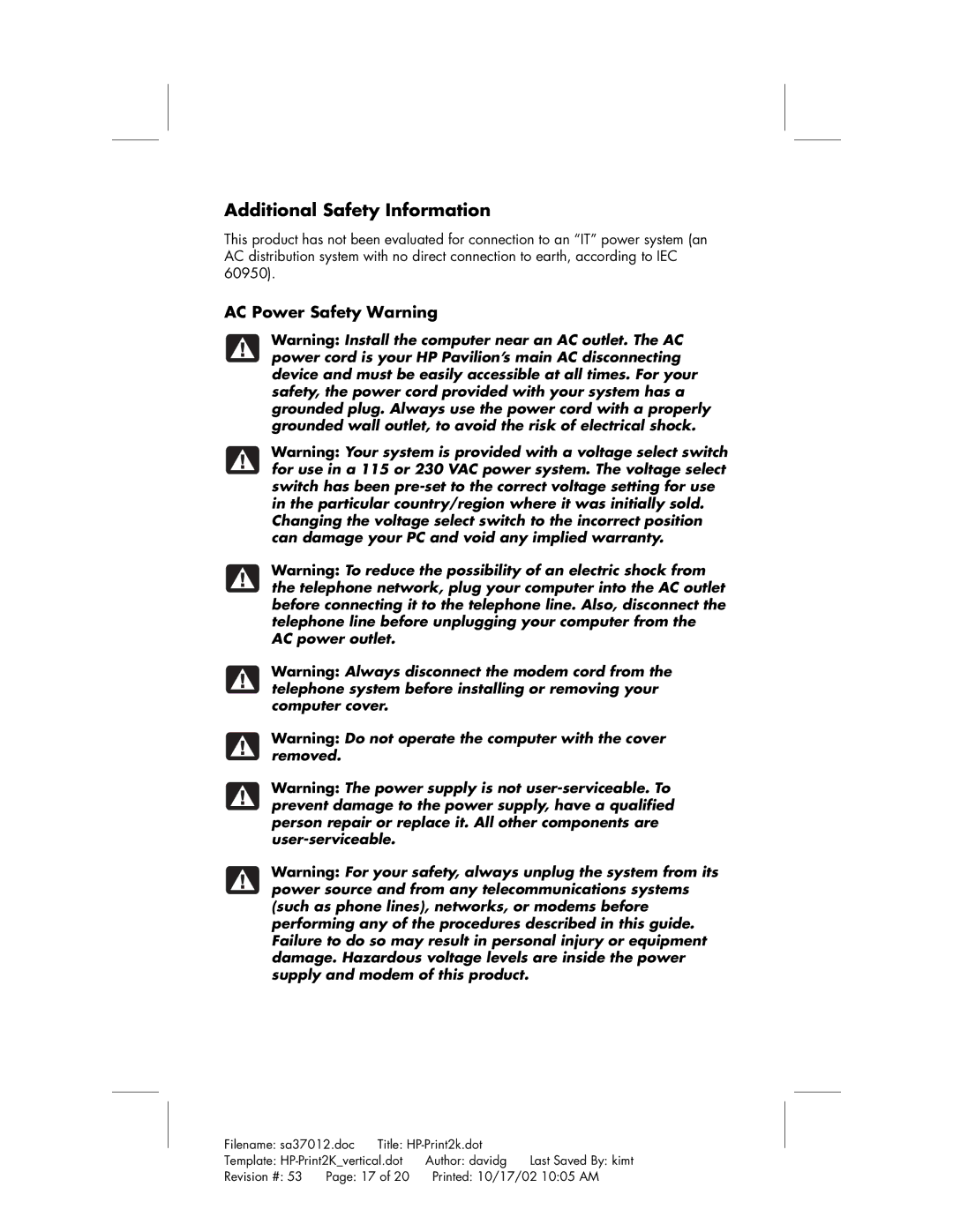 HP 744d (AP), 704d (AP), 734d (AP), 754d (AP), 774d (AP) manual Additional Safety Information, AC Power Safety Warning 