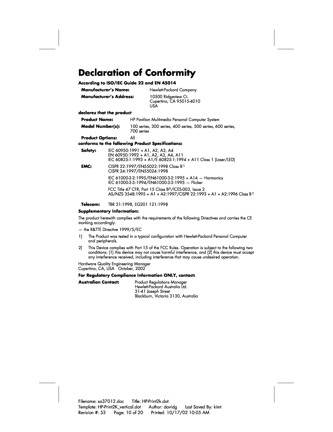 HP 704d (AP) manual Declaration of Conformity, Filename sa37012.doc, Title HP-Print2k.dot, Template HP-Print2Kvertical.dot 