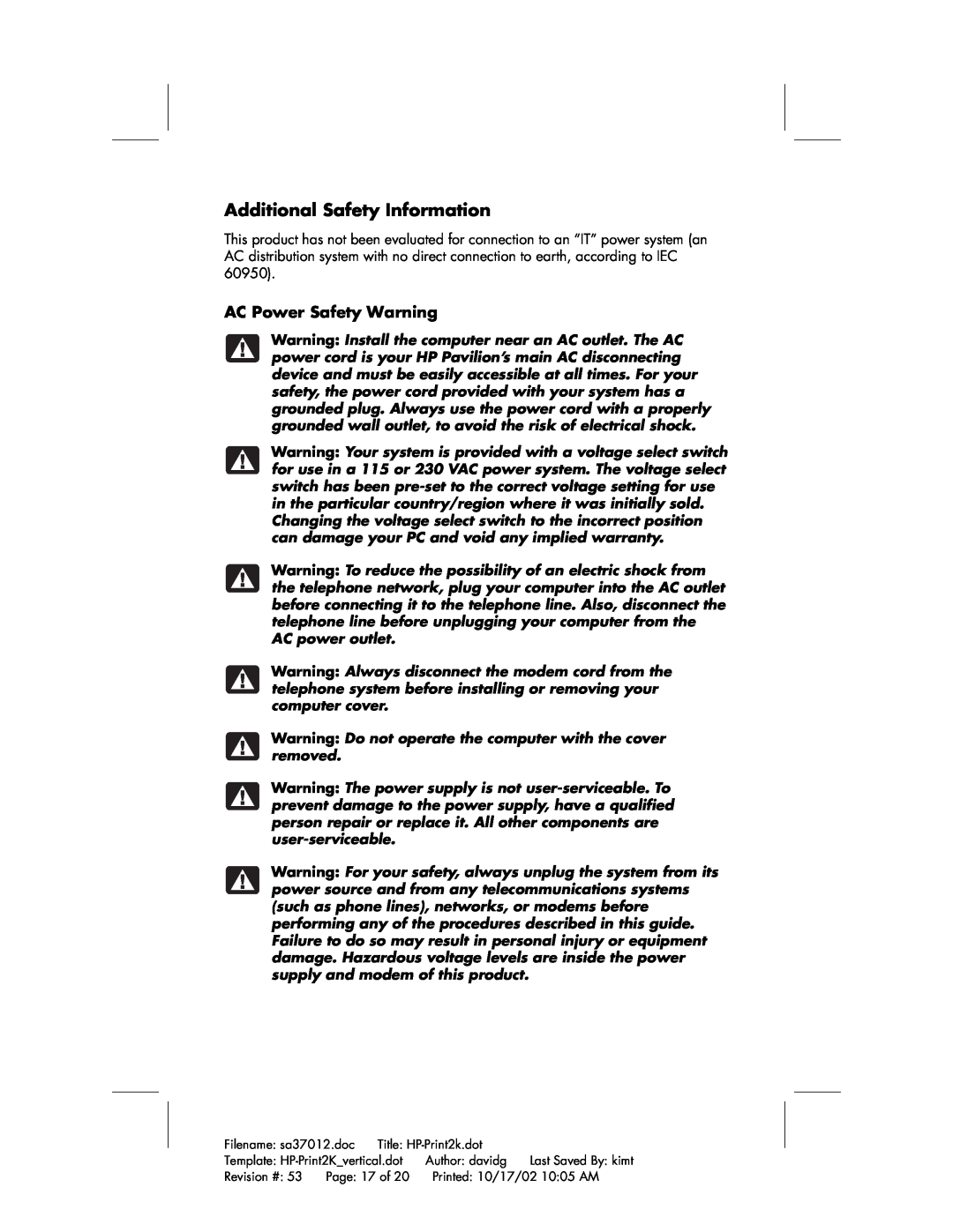 HP 744d (AP), 704d (AP), 734d (AP), 754d (AP), 774d (AP) manual Additional Safety Information, AC Power Safety Warning 