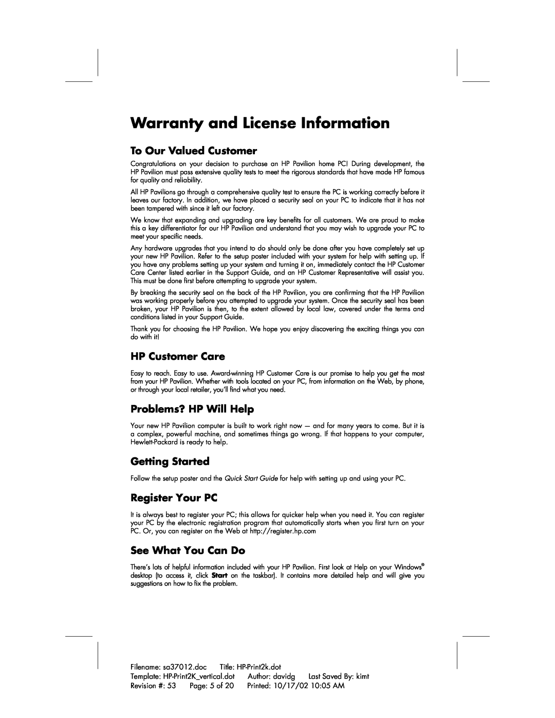 HP 704d (AP) Warranty and License Information, To Our Valued Customer, HP Customer Care, Problems? HP Will Help, Page 5 of 