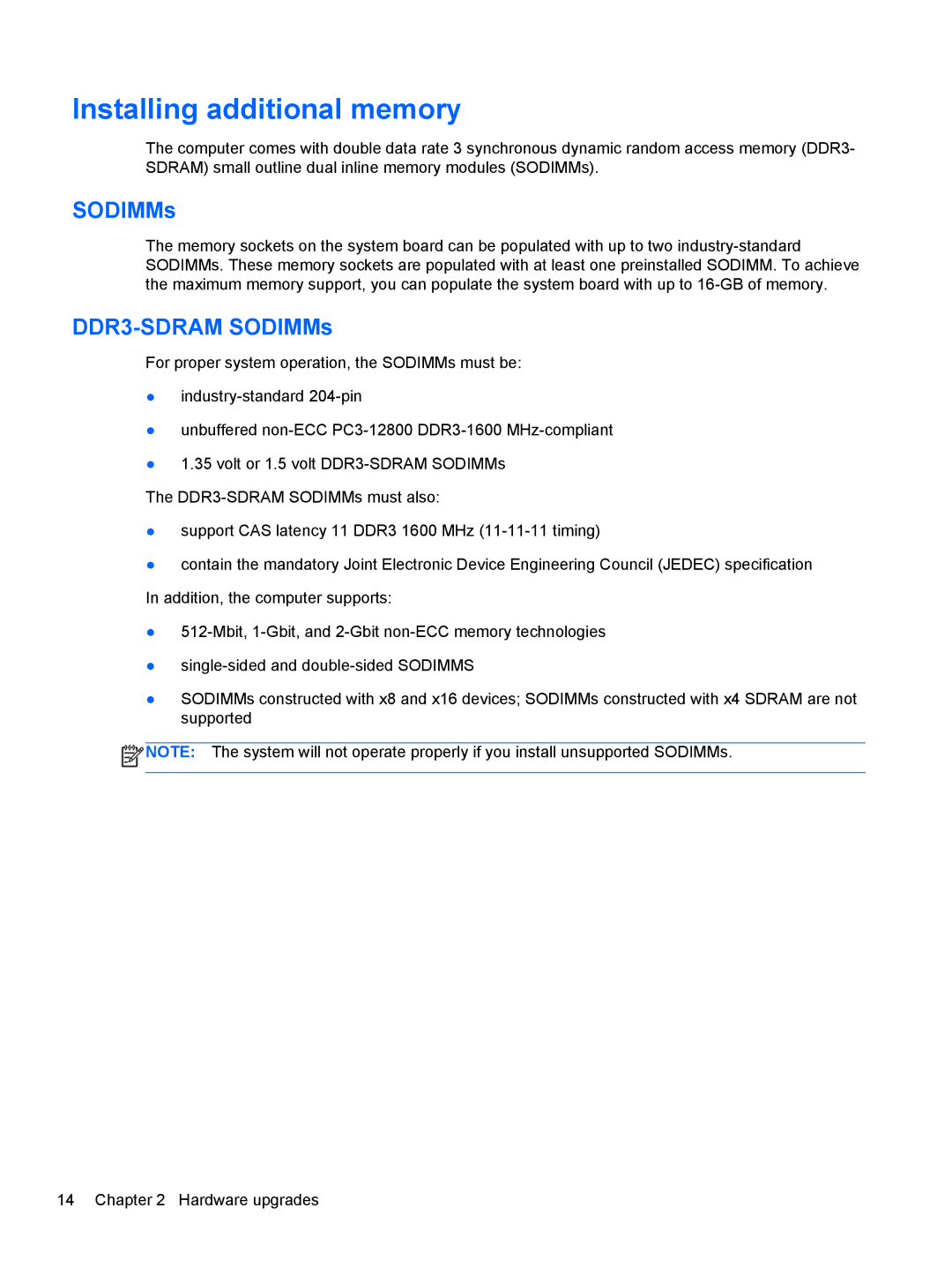 HP 705 G1 manual Installing additional memory, SODIMMs 