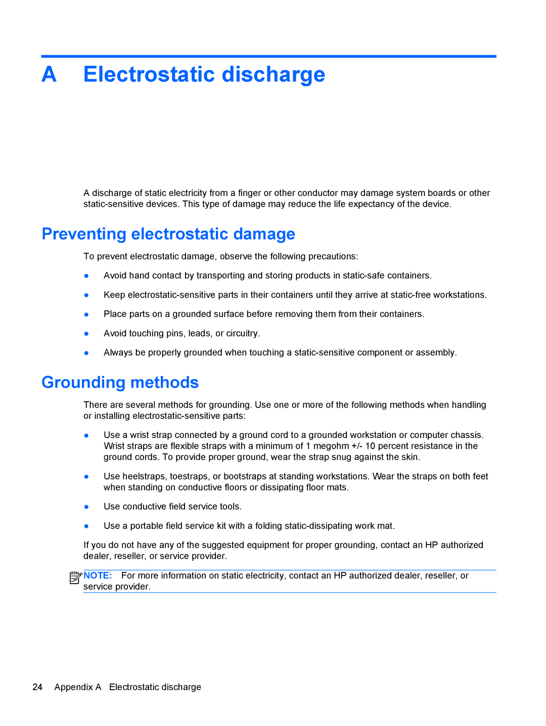 HP 705 G1 manual Electrostatic discharge, Preventing electrostatic damage, Grounding methods 