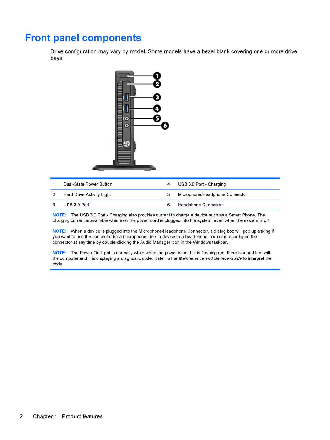 HP 705 G1 manual Front panel components 