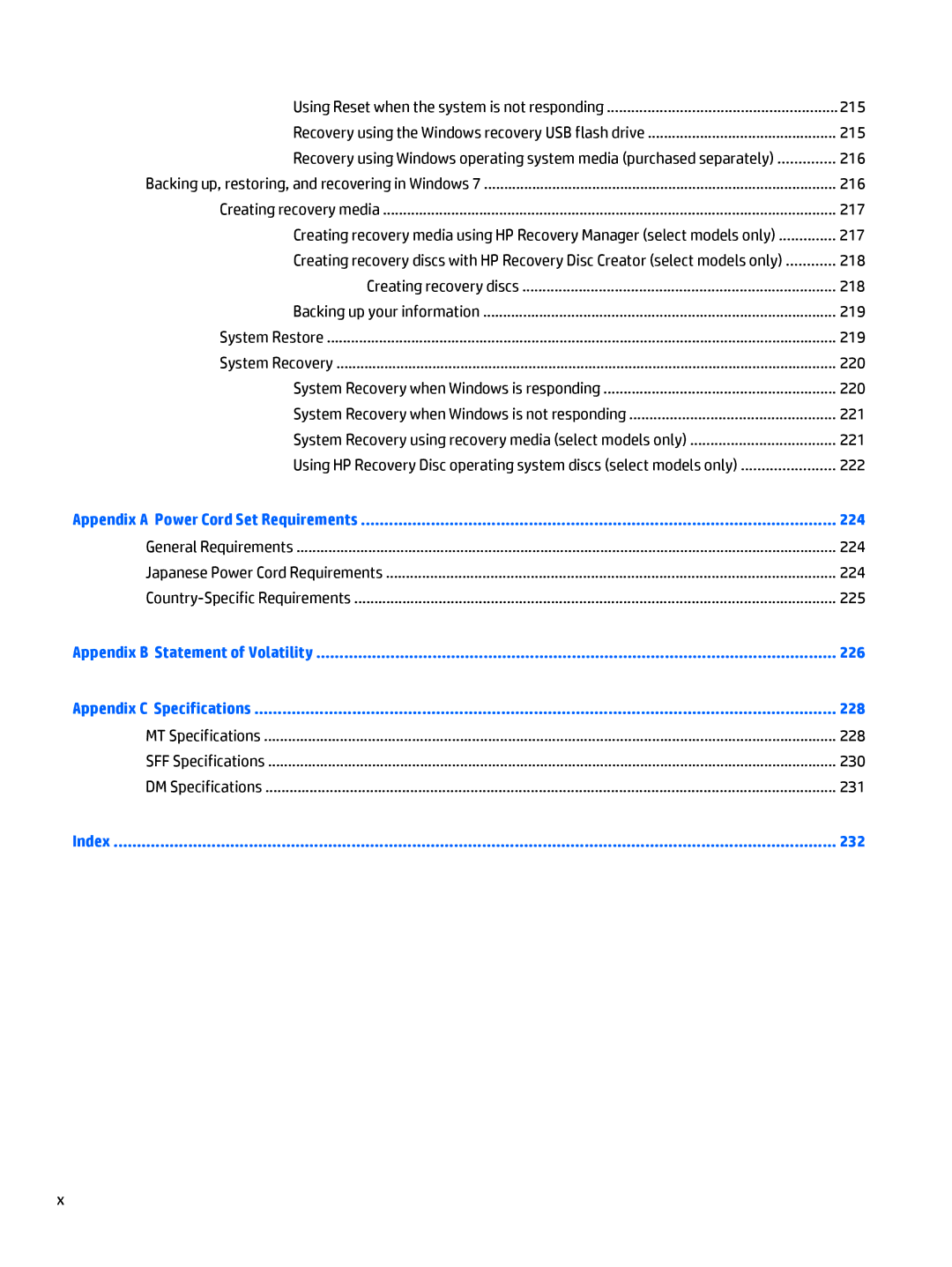 HP 705 G1 manual 224, 225, 228, 230, 231 