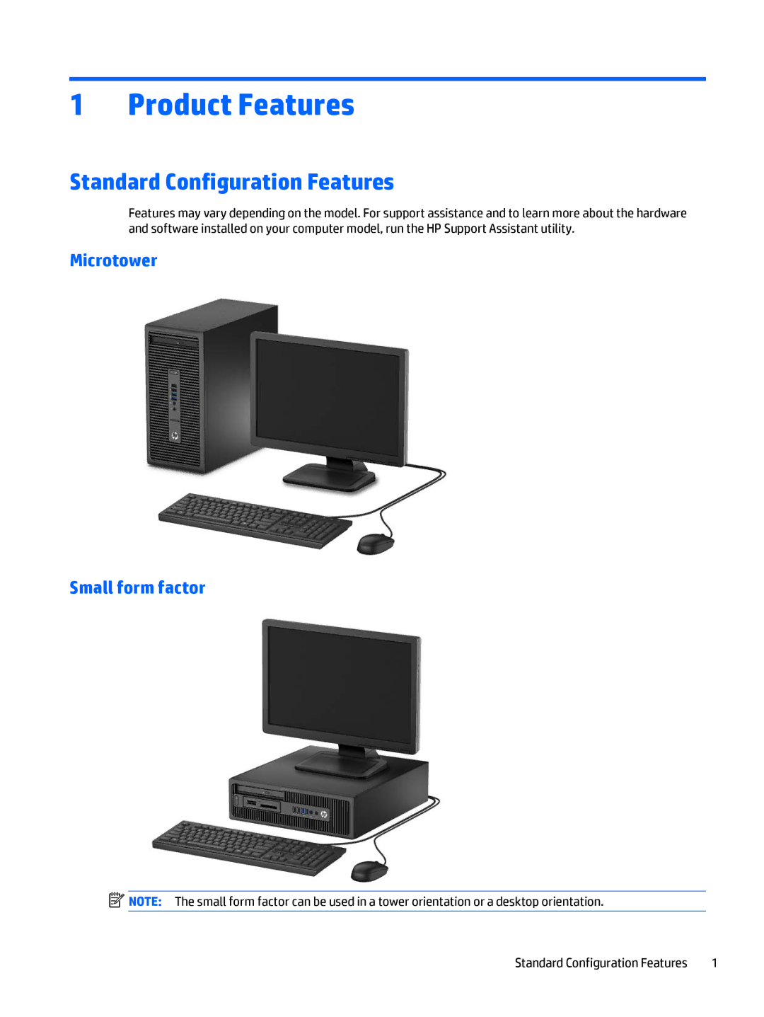 HP 705 G1 manual Standard Configuration Features, Microtower Small form factor 