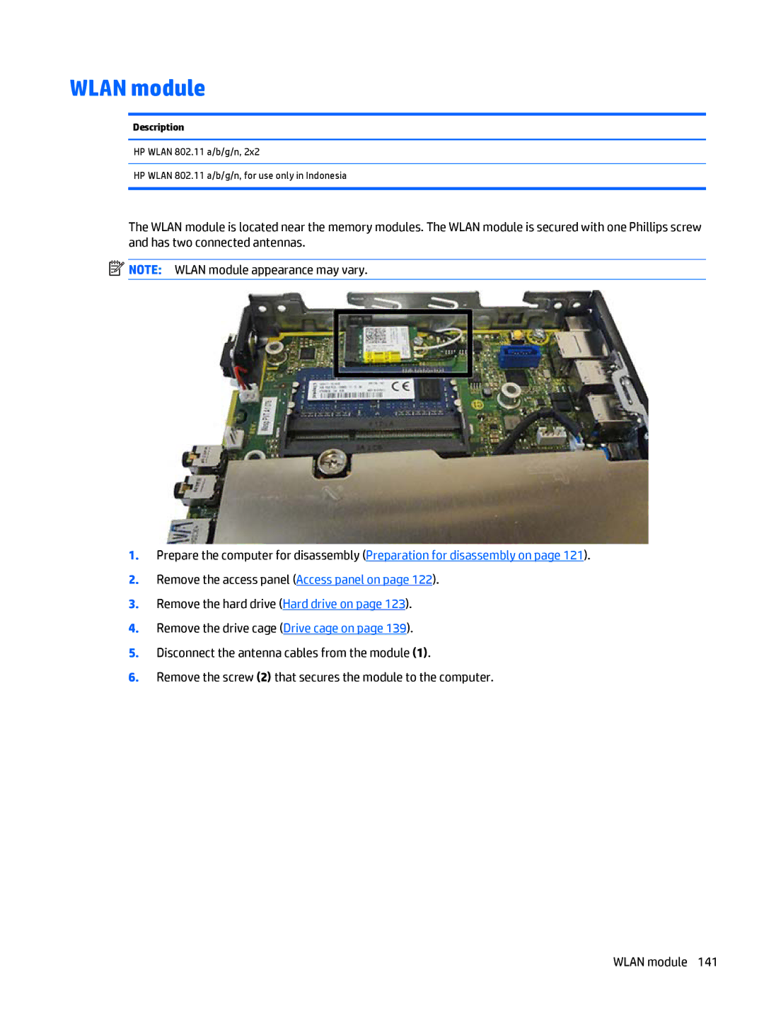 HP 705 G1 manual Wlan module, Description 