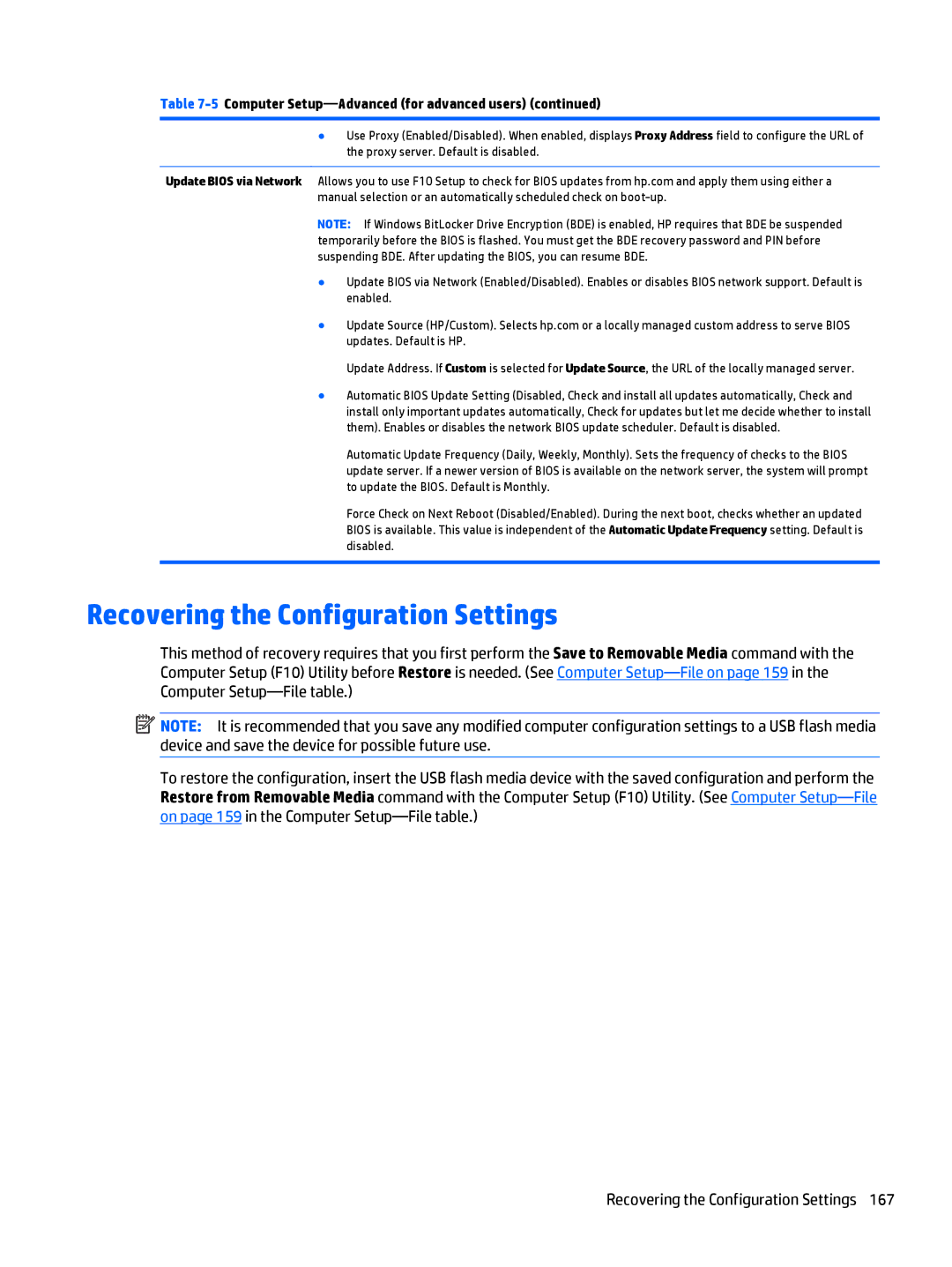 HP 705 G1 manual Recovering the Configuration Settings 