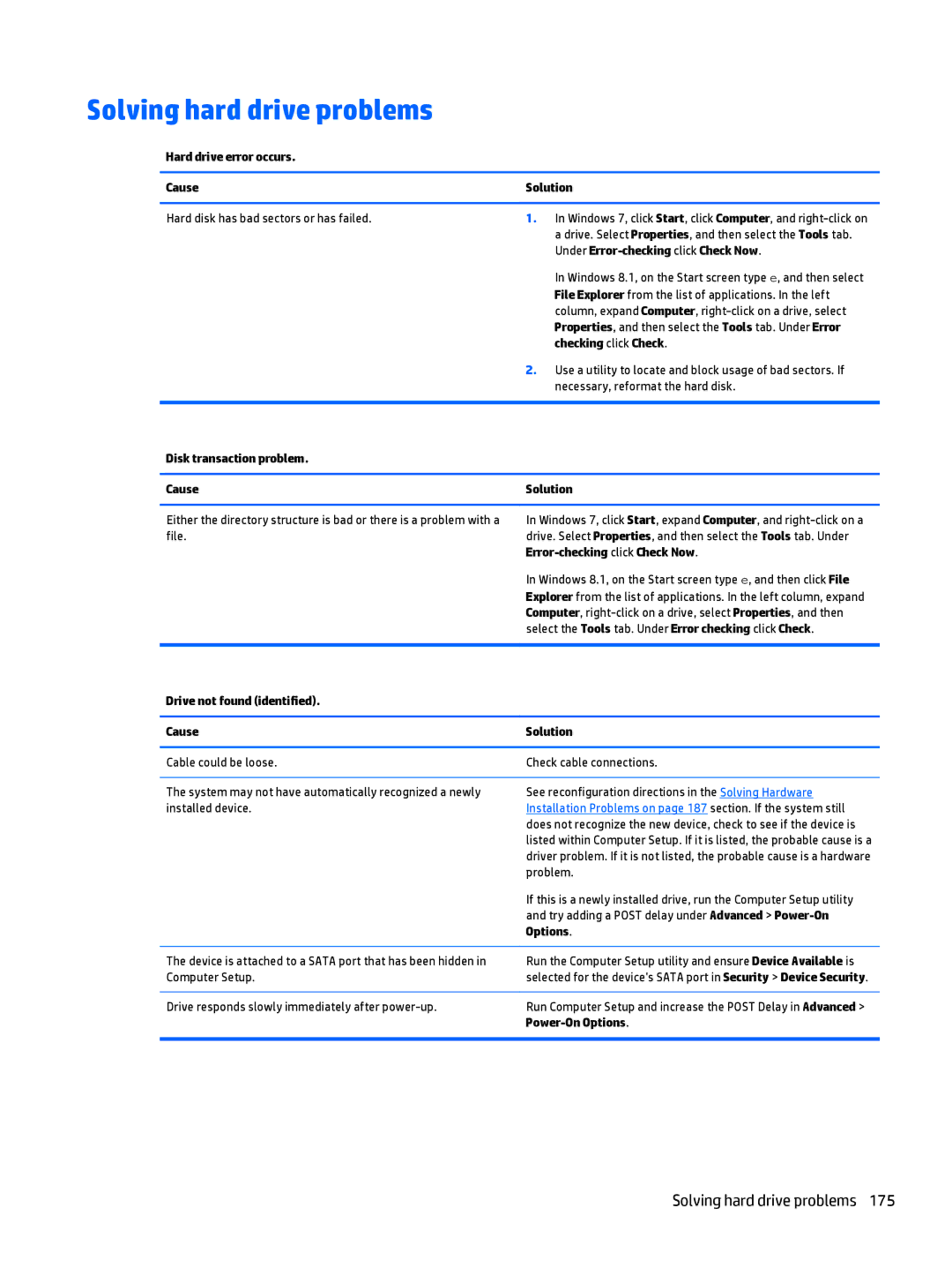 HP 705 G1 manual Solving hard drive problems 