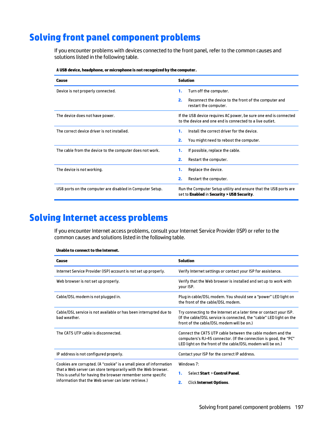 HP 705 G1 manual Solving front panel component problems, Solving Internet access problems 