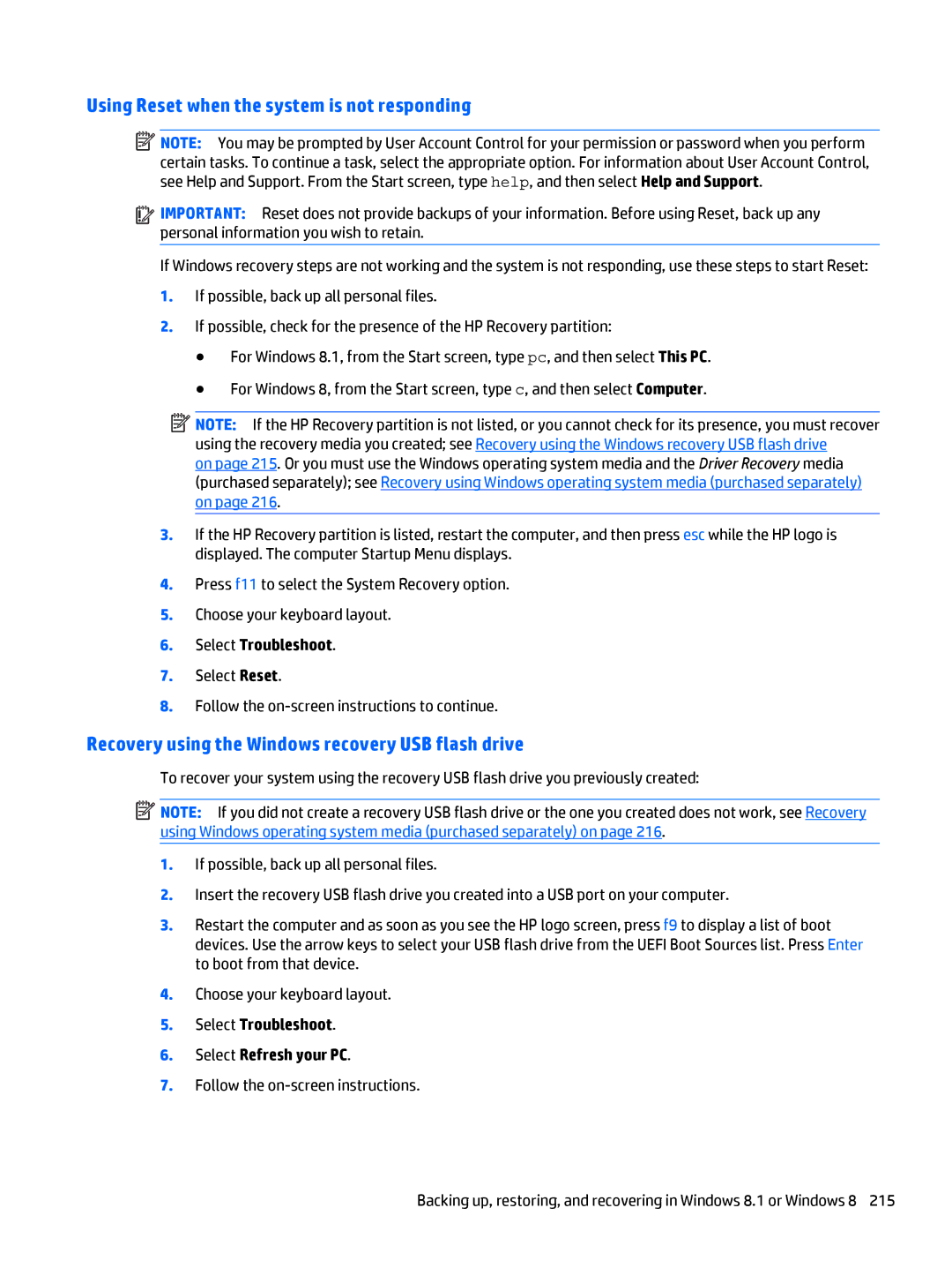 HP 705 G1 manual Using Reset when the system is not responding, Select Reset Follow the on-screen instructions to continue 